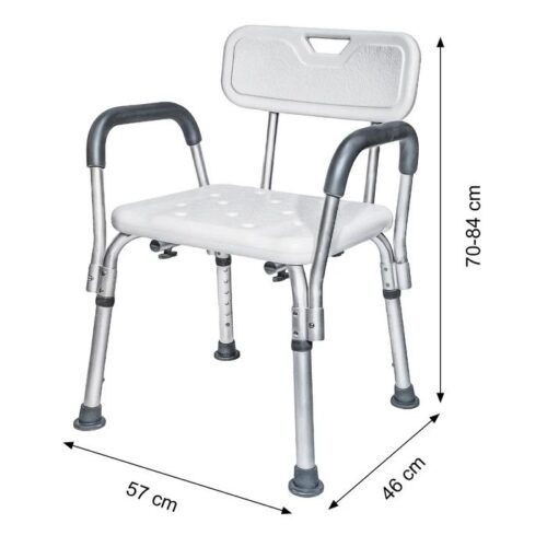 Scaun pentru baie cu suport pentru brațe, ajustabil, alb, 57×46×70/84 cm