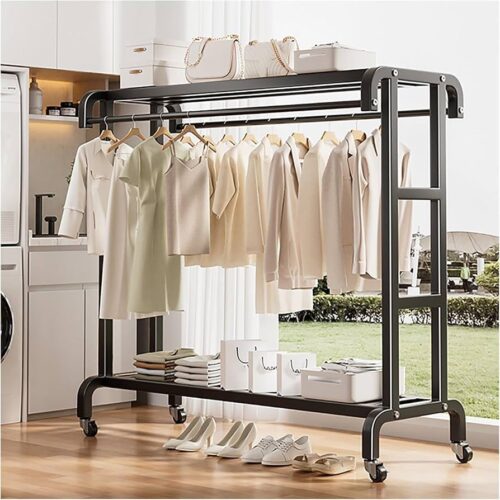 Suport dublu pentru haine, cu raft pantofi și spațiu de depozitare superior, 150×109×50 cm, 70 kg, design modern și stabil