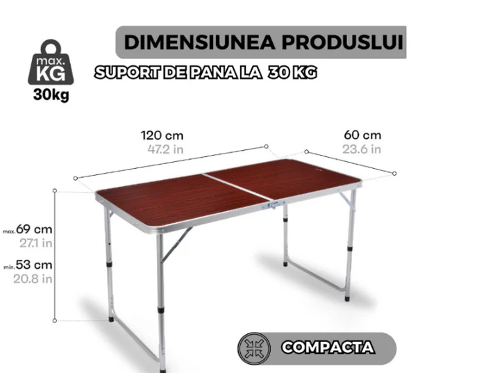 Masa Pliabila pentru Picnic tip Servieta 60x120x75 cm – Masa Portabila pentru Camping si Gradina - imagine 2